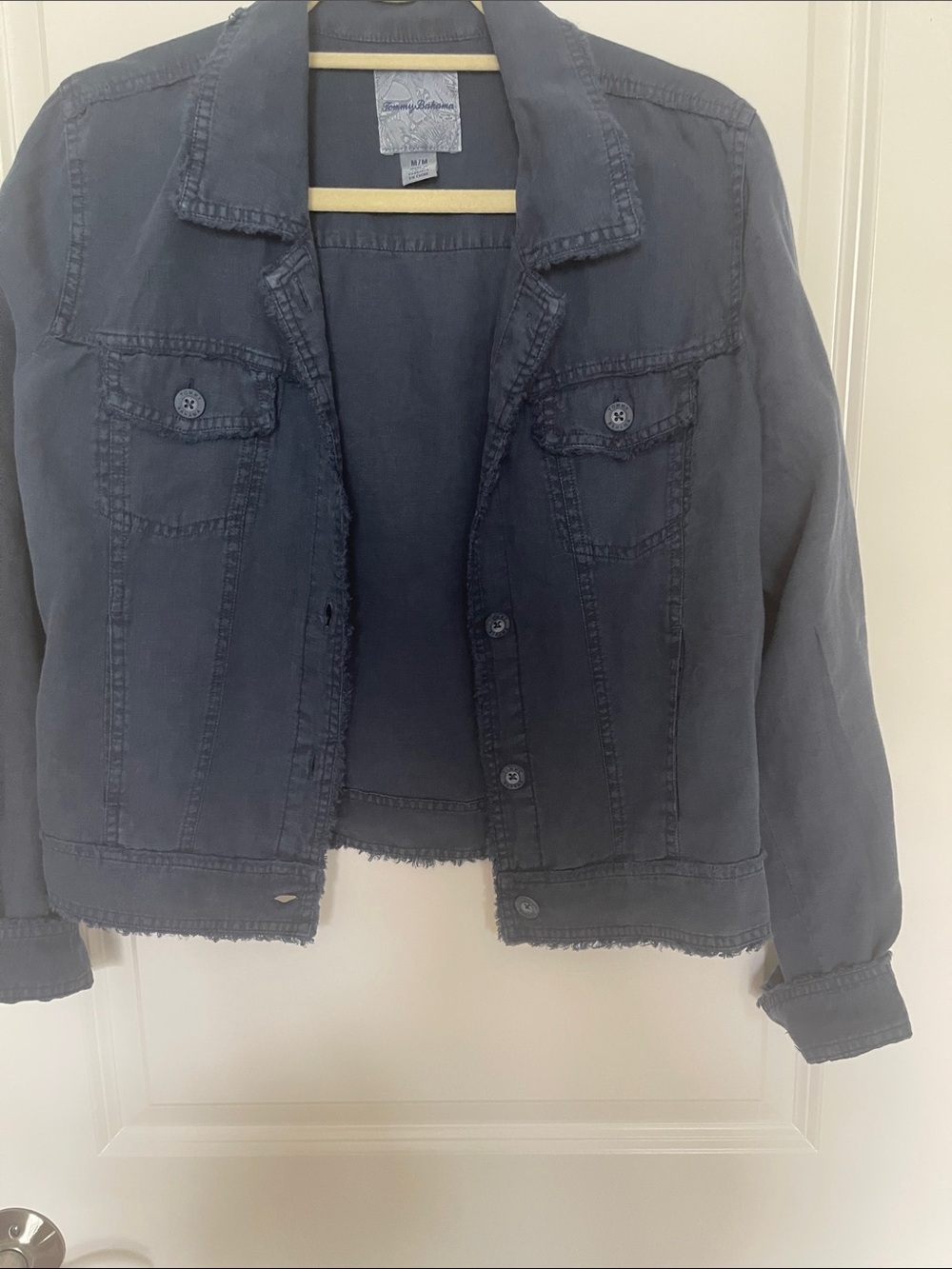 Dark Navy Frayed Hem Denim Jacket - Casual Button-Front